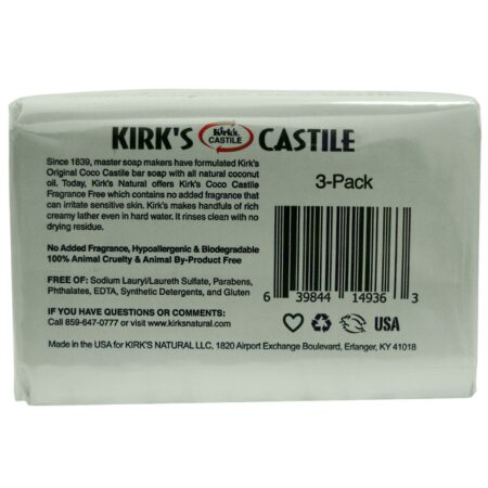 Kirks Natural Products, Sabonete de Castela Original Coco, Sem Fragrância - 3 Barras (114 g Cada) Total 340 g - Image 2