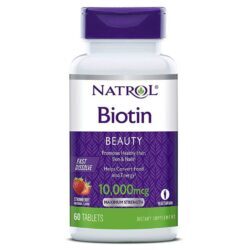 Natrol Biotina Morango 10.000 mcg - 60 Tabletes para Cabelos, Pele e Unhas Fortes