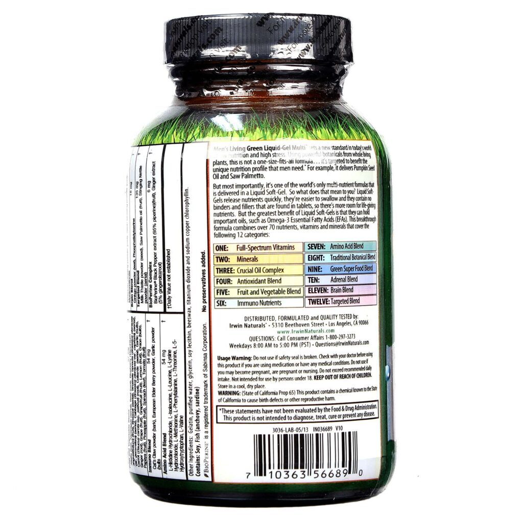Irwin Naturals Green Living Multivitamínico para Homens - 90 Cápsulas em Gel Líquido - Imagem 3