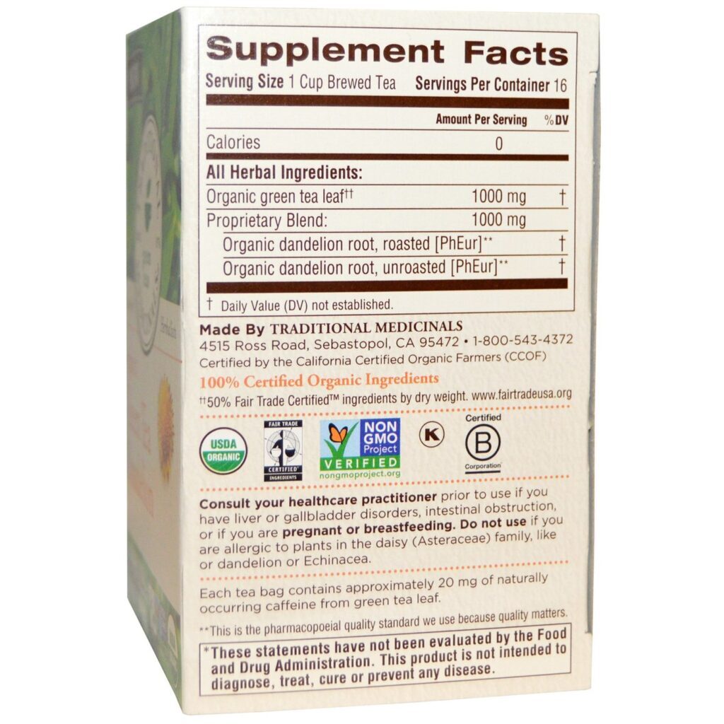 Chá Verde com Dente-de-Leão Orgânico Traditional Medicinals - 16 Saquinhos - Imagem 2