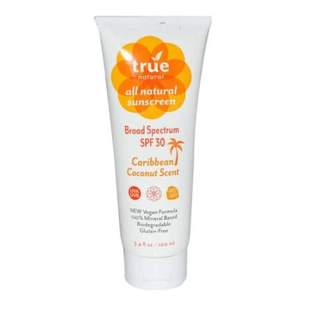 True Natural, Protetor Solar Totalmente Natural Amplo Espectro, FPS 30, Coco Caribenho - 100 ml (3.4 fl oz)