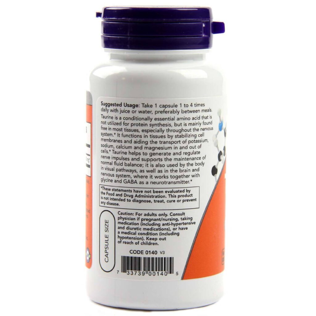 Taurina 500 mg Now Foods 100 Cápsulas: Energia e Bem-Estar - Imagem 3