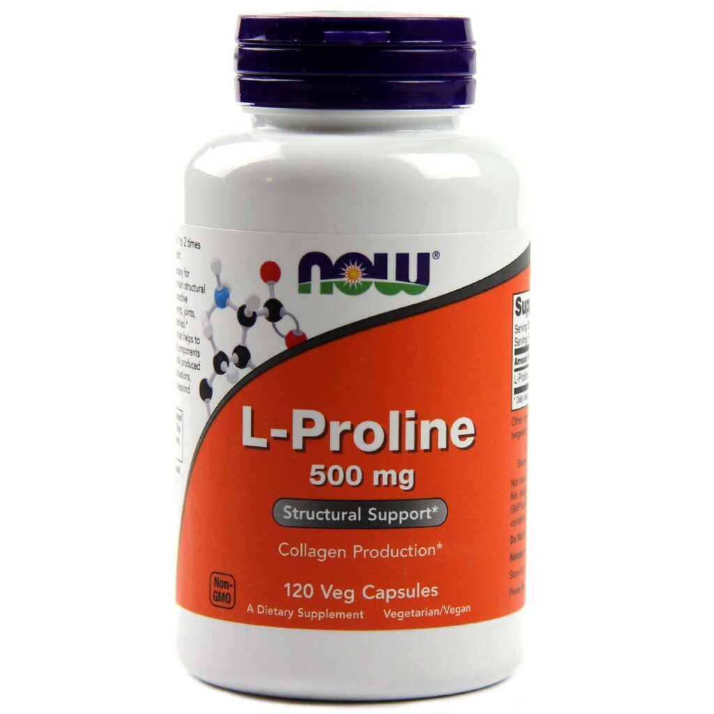 L-Prolina 500 mg Now Foods - 120 Cápsulas Vegetarianas: Saúde da Pele e Articulações