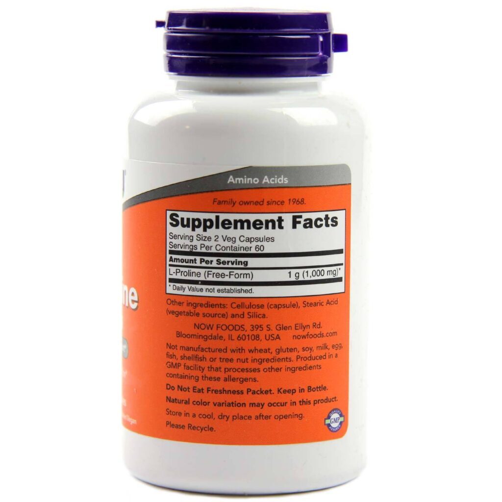 L-Prolina 500 mg Now Foods - 120 Cápsulas Vegetarianas: Saúde da Pele e Articulações - Imagem 2