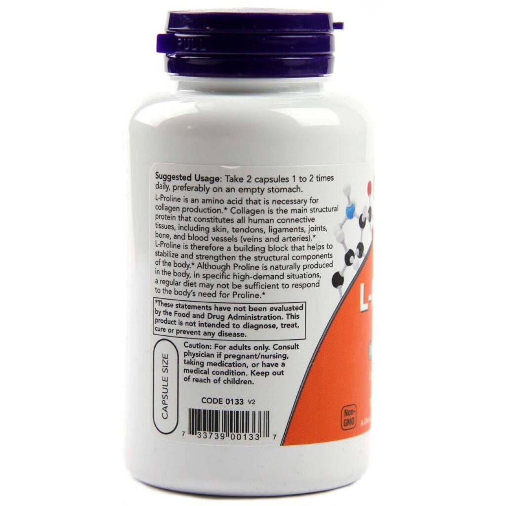 L-Prolina 500 mg Now Foods - 120 Cápsulas Vegetarianas: Saúde da Pele e Articulações - Imagem 3