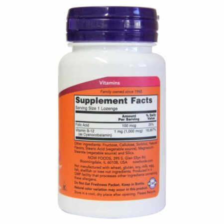 Vitamina B-12 1000 mcg Now Foods com Ácido Fólico - 100 Pastilhas para Energia e Saúde - Imagem 3