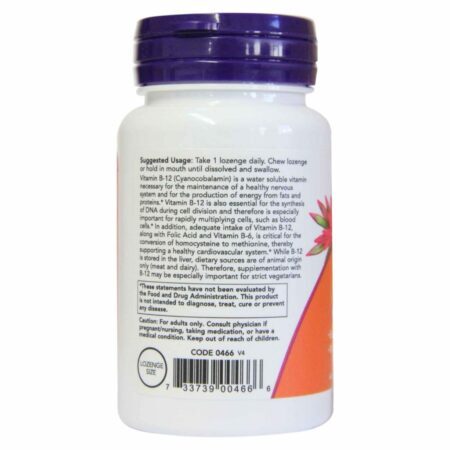 Vitamina B-12 1000 mcg Now Foods com Ácido Fólico - 100 Pastilhas para Energia e Saúde - Imagem 2