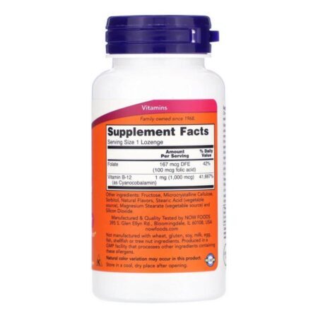 Vitamina B12 1000 mcg Now Foods com Ácido Fólico - 250 Pastilhas para Energia e Saúde Neurológica - Imagem 2