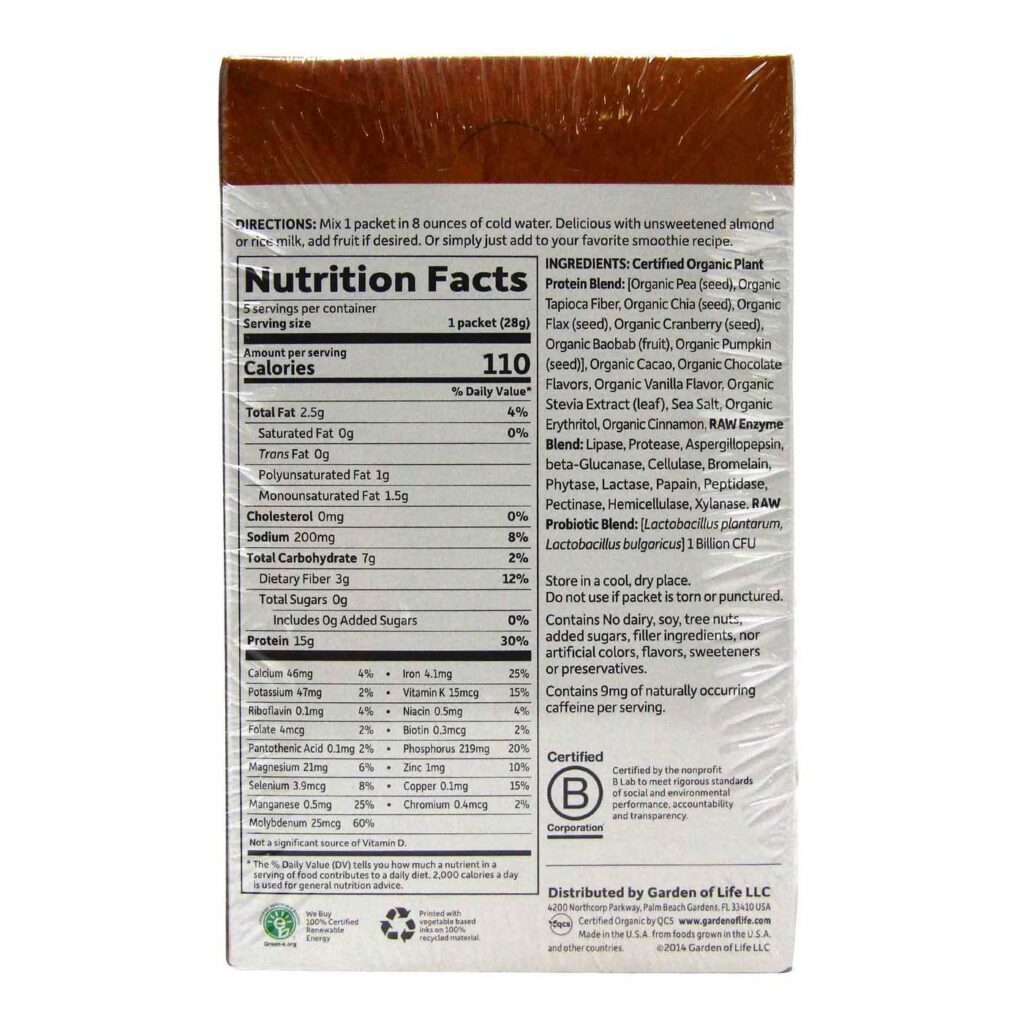 Garden of Life Proteína Vegetal Orgânica - 5 Pacotes de 28g Cada (1 oz) - Imagem 3