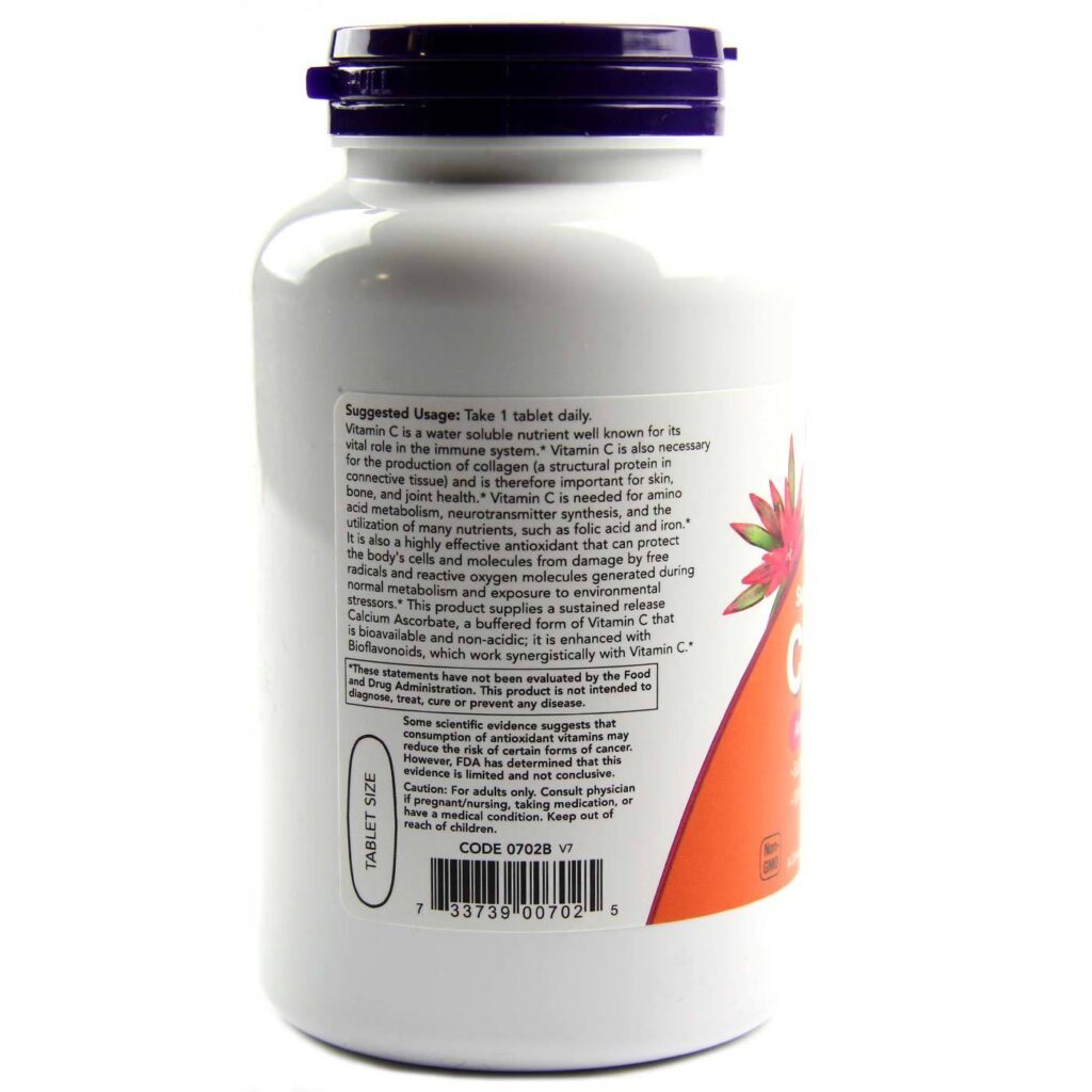 Vitamina C 1000mg Liberação Prolongada Now Foods 180 Tabletes - Imunidade e Saúde Antioxidante - Imagem 3