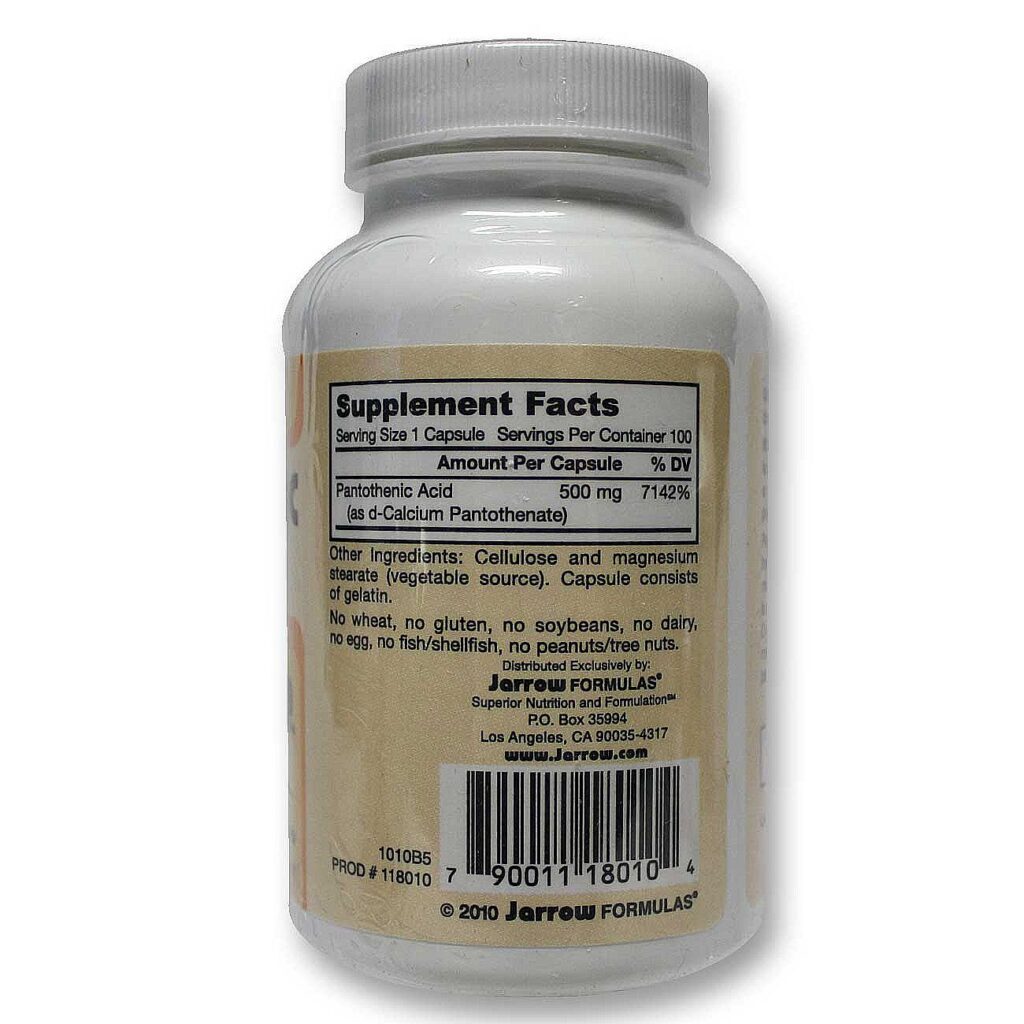 Jarrow Formulas Ácido Pantotênico 500 mg - 100 Cápsulas: Vitalidade e Bem-Estar - Imagem 2