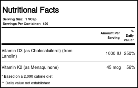 Vitamina D3 & K2 1.000 IU 45 mcg Now Foods 120 Cápsulas Vegetarianas - Image 2
