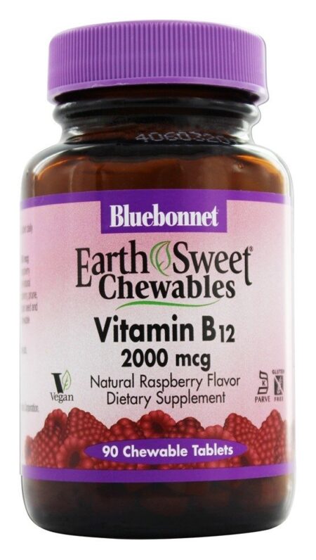 Terra Doce Mastigável Vitamina B12 Sabor a Framboesa Natural 2000 mcg. - 90 comprimidos mastigáveis Bluebonnet Nutrition