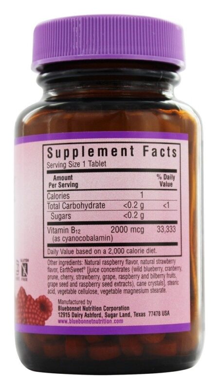 Terra Doce Mastigável Vitamina B12 Sabor a Framboesa Natural 2000 mcg. - 90 comprimidos mastigáveis Bluebonnet Nutrition - Image 2