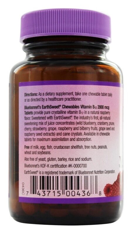 Terra Doce Mastigável Vitamina B12 Sabor a Framboesa Natural 2000 mcg. - 90 comprimidos mastigáveis Bluebonnet Nutrition - Image 3