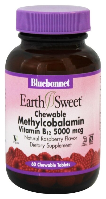 Terra Doce Metilcobalamina Mastigável Vitamina B12 Sabor a Framboesa Natural 5000 mcg. - 60 comprimidos mastigáveis Bluebonnet Nutrition