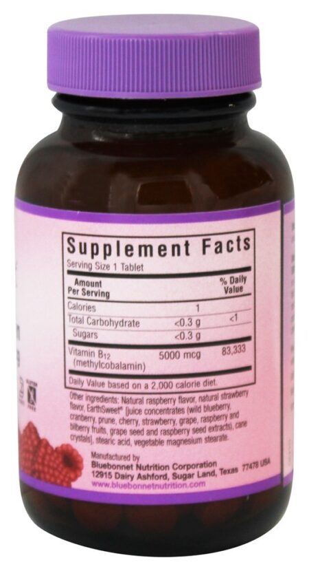 Terra Doce Metilcobalamina Mastigável Vitamina B12 Sabor a Framboesa Natural 5000 mcg. - 60 comprimidos mastigáveis Bluebonnet Nutrition - Image 2