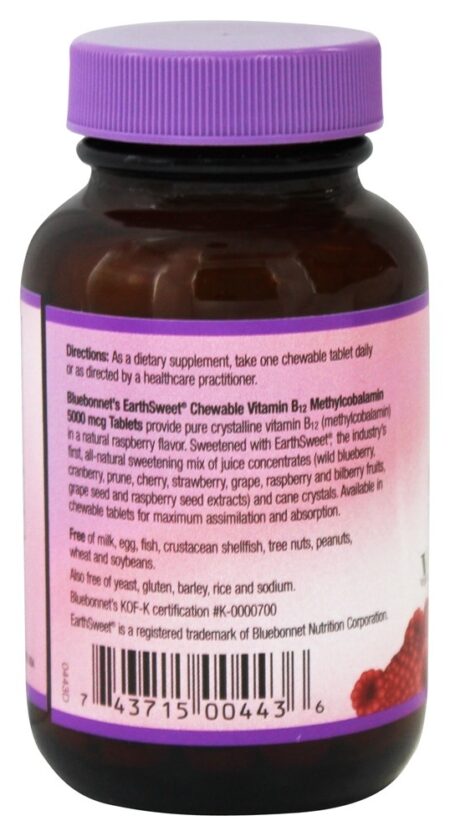 Terra Doce Metilcobalamina Mastigável Vitamina B12 Sabor a Framboesa Natural 5000 mcg. - 60 comprimidos mastigáveis Bluebonnet Nutrition - Image 3