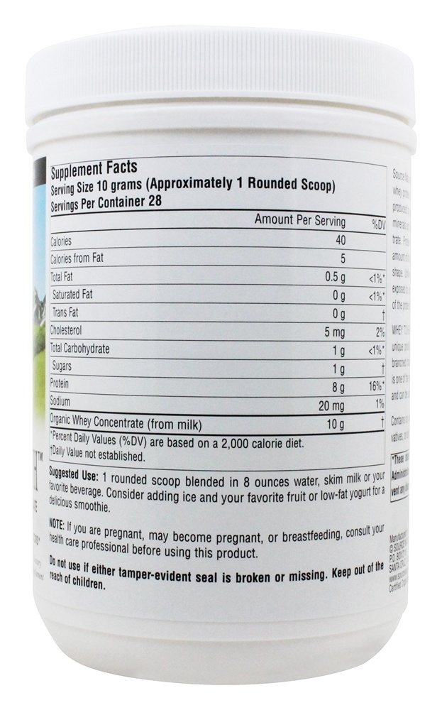 Soro de leite coalhado Para Saúde Prêmio Proteína Pó Concentrar Certificado Orgânico - 10 oz. Source Naturals - Imagem 2