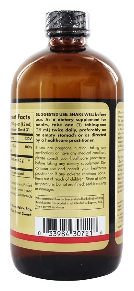 L-Carnitina Líquida Forma Livre Grau Farmacêutico Sabor Natural a Limão 1500 mg. - 16 fl. oz. Solgar - Image 3