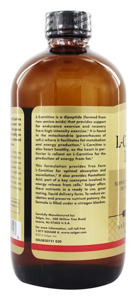 L-Carnitina Líquida Forma Livre Grau Farmacêutico Sabor Natural a Limão 1500 mg. - 16 fl. oz. Solgar - Image 4