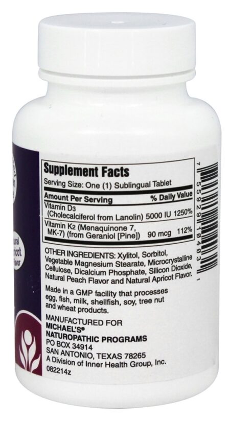 Vitamina D3 com Vitamina K2 Natural Sabor Damasco 5000 UI - 90 Tablets Michael's Naturopathic Programs - Image 2