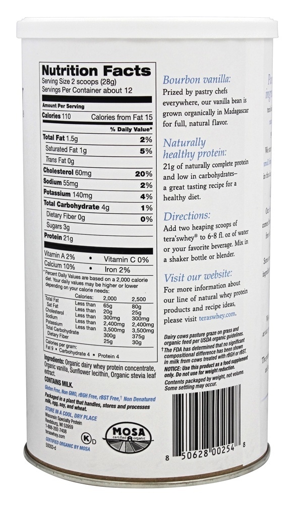 Orgânico Grama Alimentado Soro de leite coalhado Proteína Bourbon Baunilha - 12 oz. Tera's Whey - Imagem 2