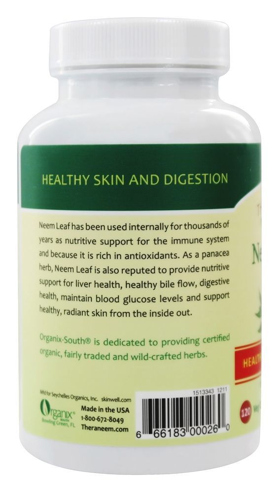 Pele saudável e digestão de folhas de Neem - Cápsulas vegetarianas 120 Organix South - Imagem 3