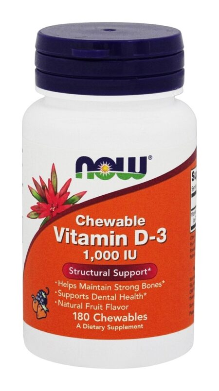 Vitamina D3 Sabor Fruto Natural Mastigável 1000 IU - 180 comprimidos mastigáveis NOW Foods