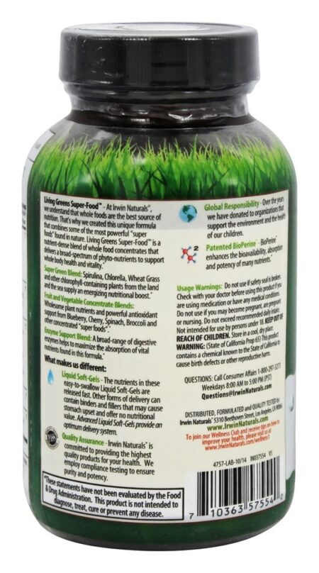 Sun Powered Living Greens SuperAlimento - 60 Cápsulas Antigamente Verdes Densos em Nutrientes e Verdes Energia Fito-Alimentar Irwin Naturals - Image 3