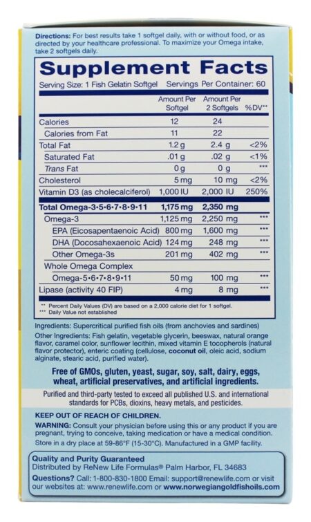 Óleos Ultimate de Peixes de Ouro Norueguês Força Máxima Omega - 3 Omega Sabor Natural de Laranja 1200 mg. - 60 Softgel (s) de peixe Renew Life - Image 2