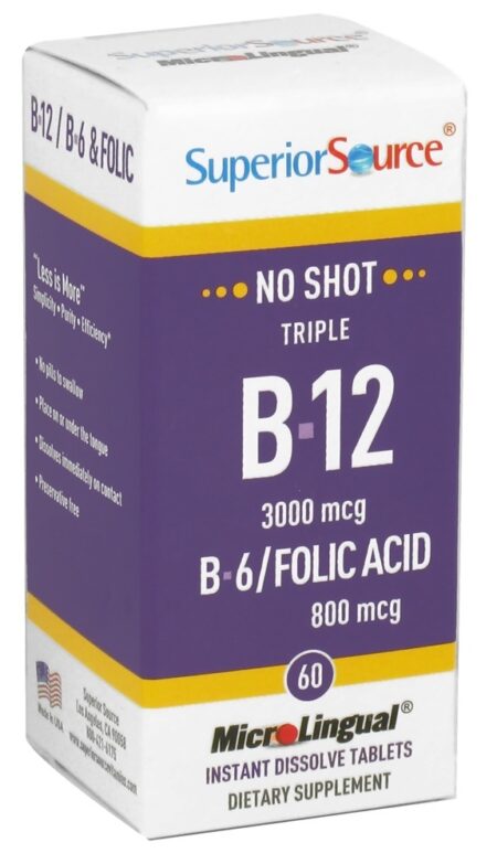 Sem Tiro Triplo B12 3,000 mcg, B6 & Ácido Fólico Instantâneo Dissolve Micro-Comprimidos - 60 Tablets Superior Source