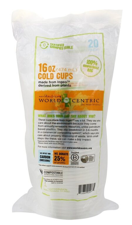 Copos de Ingeo Compostáveis Frios 16 oz. - 20 Contagem World Centric