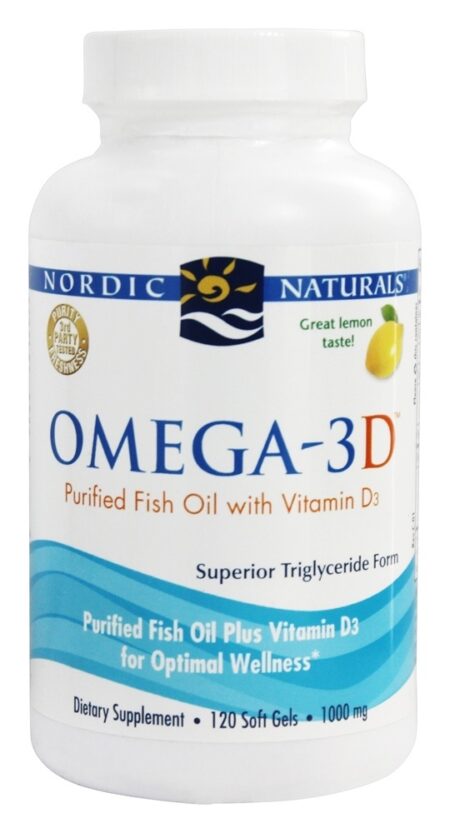 Omega -3D Óleo de Peixe Purificado com Vitamina D3 Sabor Limão 1000 mg. - 120 Softgels Nordic Naturals