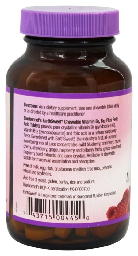 Terra doce mastigável vitamina B6 B12 além de sabor de framboesa natural ácido fólico - 60 comprimidos mastigáveis Bluebonnet Nutrition - Image 3