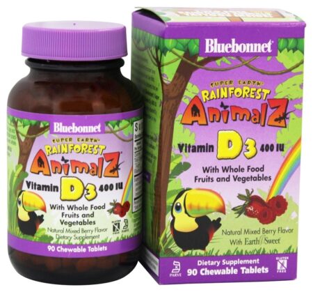 Animalz Vitamina D3 Sabor a Baga Misturado Natural 400 IU - 90 comprimidos mastigáveis Bluebonnet Nutrition