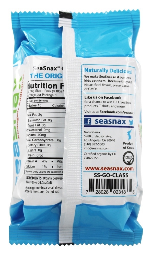 Levemente Assado e Temperado Alga Agarrar & Ir Empacotar Clássico Oliva - 0.18 oz. SeaSnax - Imagem 3
