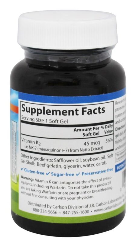 Vitamina K2 MK7 Menaquinona 7 45 mcg. - 90 Softgels Carlson Labs - Image 2