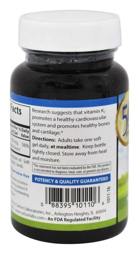 Vitamina K2 MK7 Menaquinona 7 45 mcg. - 90 Softgels Carlson Labs - Image 3