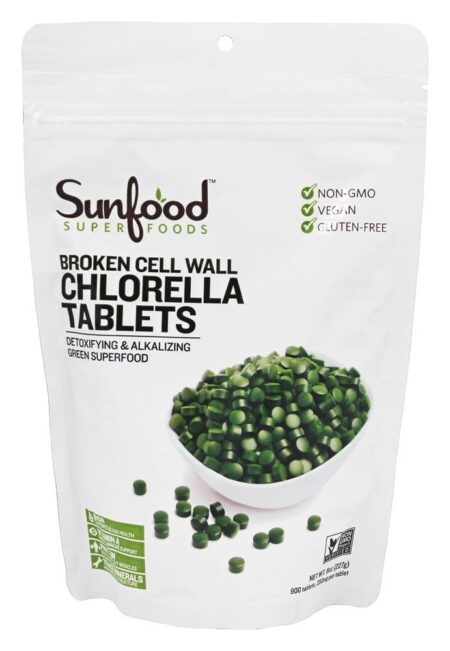 Chlorella de Parede Celular Quebrada 900 Comprimidos 250 mg. - 8 oz. Sunfood Superfoods