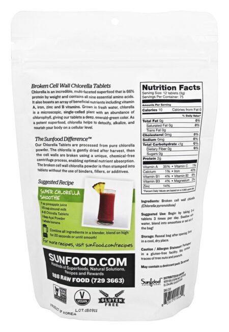 Chlorella de Parede Celular Quebrada 900 Comprimidos 250 mg. - 8 oz. Sunfood Superfoods - Image 2