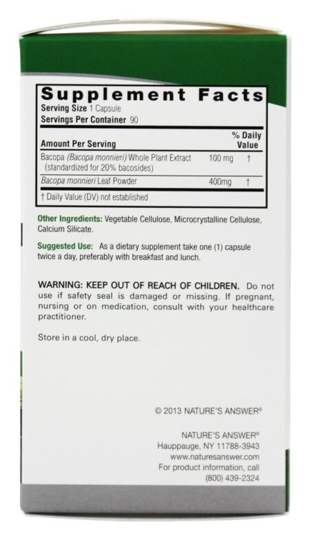 Bacopa Padronizada 500 mg. - Cápsulas vegetarianas 90 Nature's Answer - Image 2