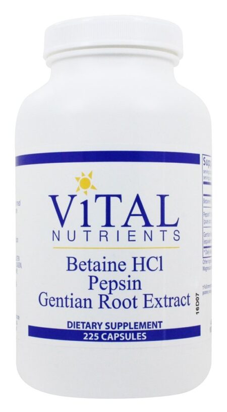 Betaína HCl Com Pepsina & Extrato de Raiz de Genciana - Cápsulas 225 Vital Nutrients