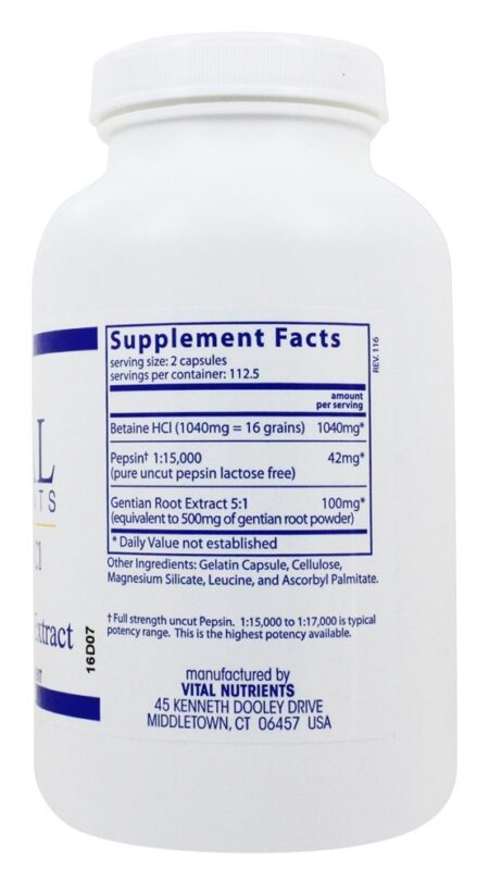 Betaína HCl Com Pepsina & Extrato de Raiz de Genciana - Cápsulas 225 Vital Nutrients - Image 2