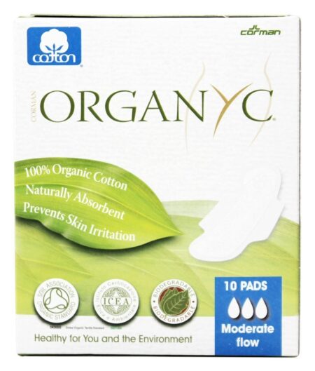 Almofadas Menstruais de Algodão Orgânico com Fluxo Moderado de Asas - 10 Almofadas Organyc