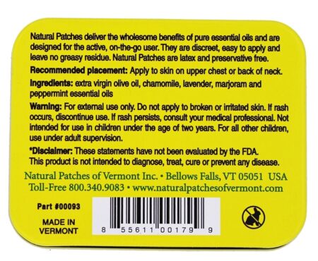 Dor de cabeça e Enxaqueca Comfort Body Oil Essential Patches Camomila - 10 Patch (es) Anteriormente Calmante Fórmula para Enxaqueca Natural Patches of Vermont - Image 2