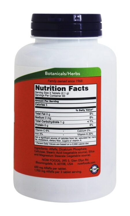 Superalimento Verde de Alfafa 650 mg . - 250 Tablets NOW Foods - Image 2