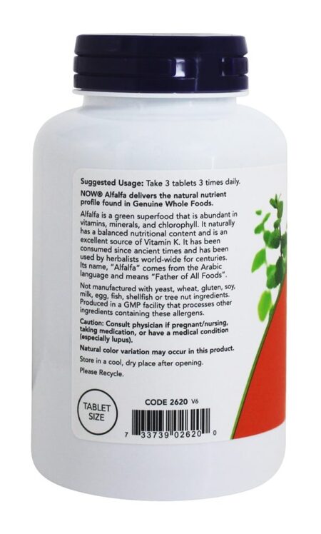 Superalimento Verde de Alfafa 650 mg . - 250 Tablets NOW Foods - Image 3