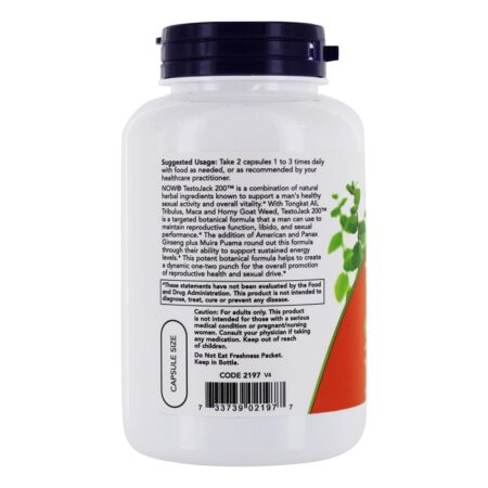 TestoJack 200 Fórmula masculina de desempenho - Cápsulas vegetarianas 120 NOW Foods - Image 3