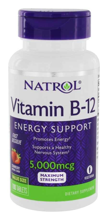 Vitamina B12 Suporte de Energia Potência Máxima com Rápida Dissolução Sabor Morango 5000 mcg. - 100 Tablet (s) Natrol